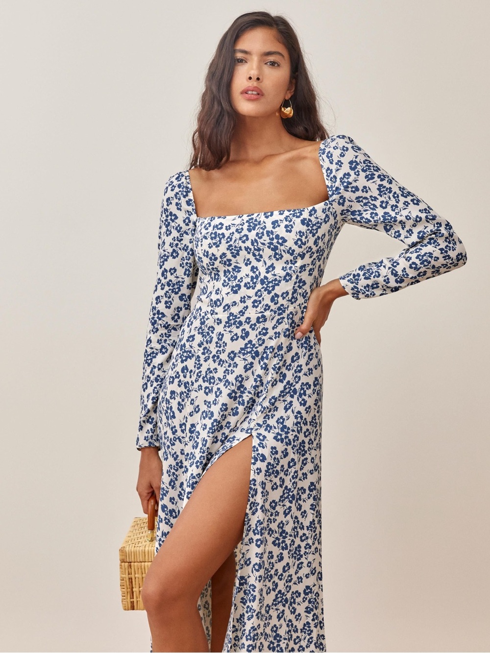 Reformation Sigmund Dress Blue Floral Square-Neck Midi Dress w/ Long Sleeves